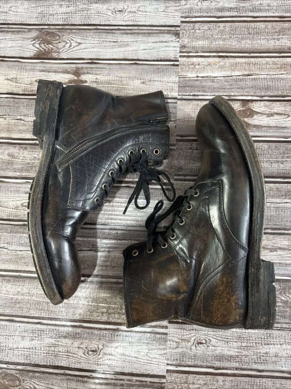 Frye Bowery Lace Up Boots Leather Side Zip Size 10 D Color Brown Black